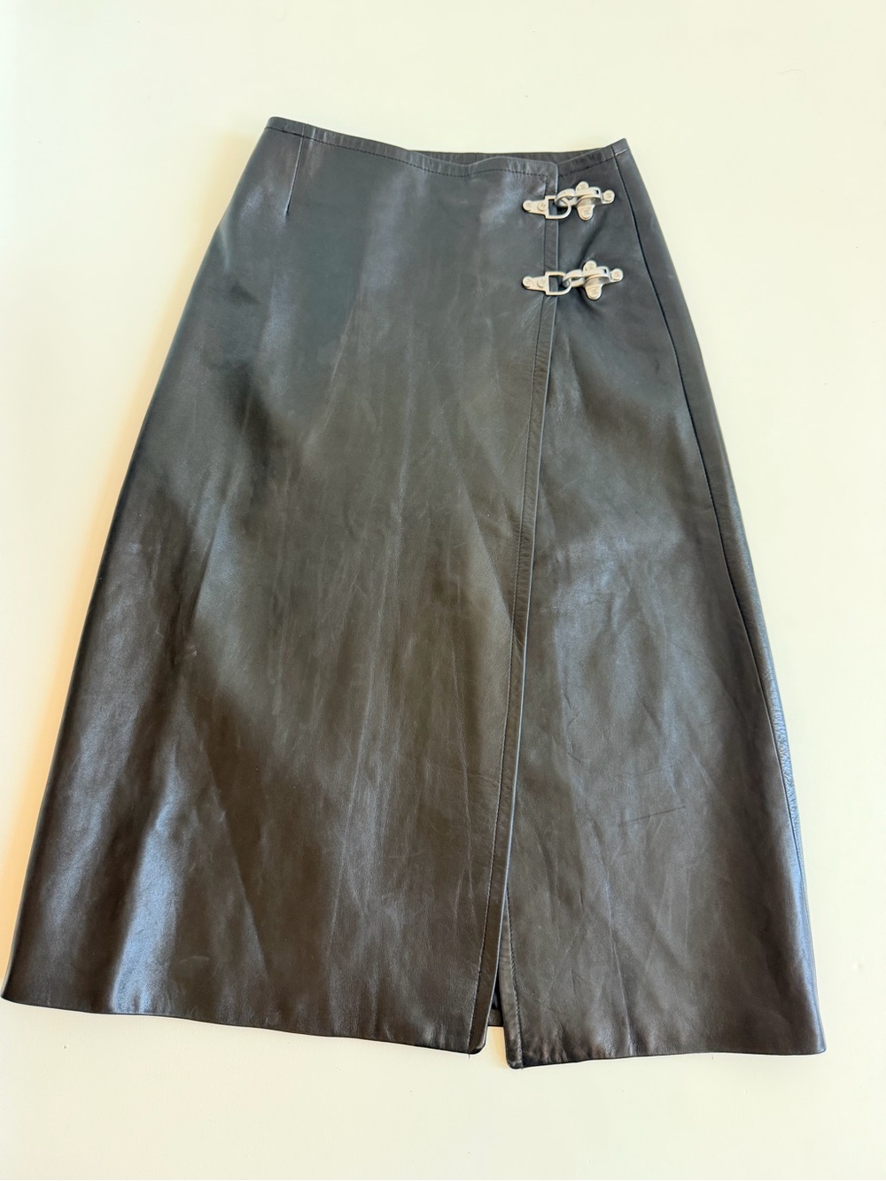 Celine Black Leather A-Line Midi Skirt with Silver Buckle Detail